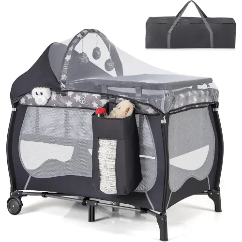 HONEY JOY Pack and Play, 4 in 1 Portable Baby Playard with Bassinet, Changing Table, Lockable Wheels, Music Box, Foldable Travel Baby Crib Nursery Center from Newborn to Toddler(Gray)