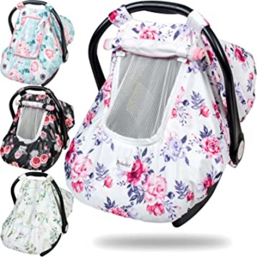 Car Seat Canopy- Cotton Baby Car Seat Covers has Peep Windows and Breathable Mesh( Carrying Pouch for Easy Storage)- Stretchy Car Seat Covers for Babies Fit All Baby Car Seat