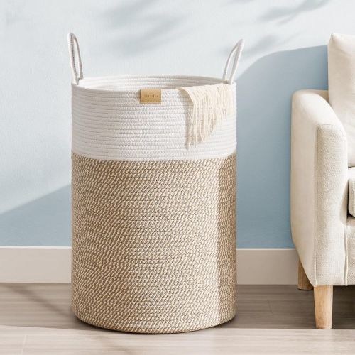 95 - Brown and White - Laundry Hamper 62L,Large Laundry Basket for Clothes,Decorative Storage Basket for Blankets