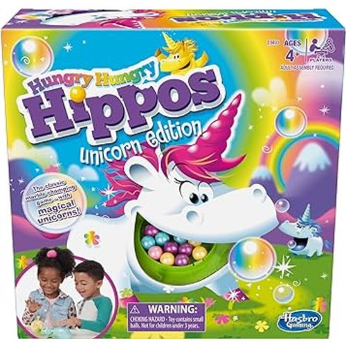 Hasbro Gaming Hungry Hippos Unicorn Edition Pre-School Board Game for Kids Ages 4 and Up; 2-4 Players