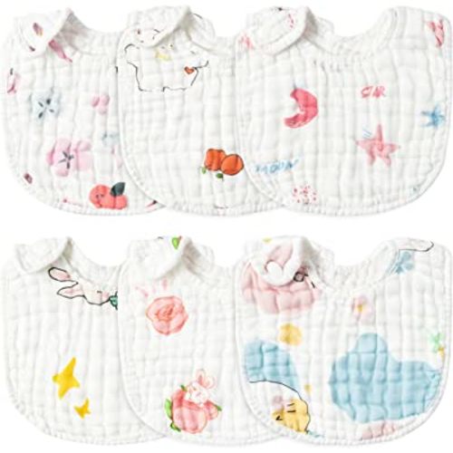 Zainpe 6Pcs Snap Muslin Cotton Baby Bibs Star Cat Rabbit Pattern Adjustable Feeding Bib Machine Washable Unisex Burp Cloths with 6 Absorbent & Soft Layers for Infant Toddler Newborn Eating Drooling