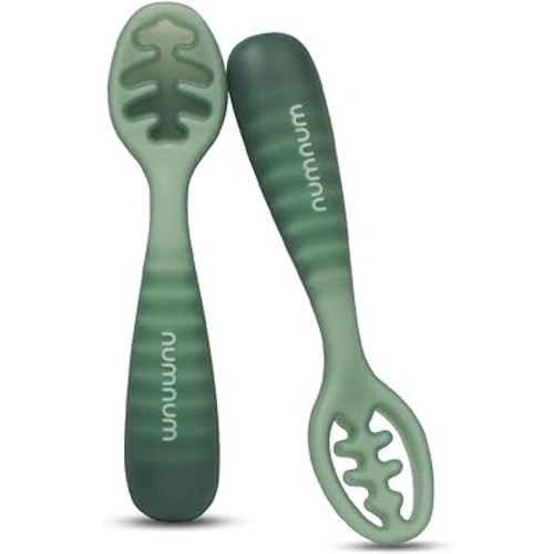 NumNum Baby Spoons Set, Baby Essentials Pre-Spoon GOOtensils for 12+ Months, First Stage Self-Feeding Spoons for Baby Led Weaning (BLW), Silicone Toddler Utensils, BPA-Free, 2 Pack Green