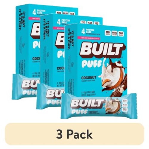 (3 pack) Built Bar Protein Bar, Coconut Puff, 17g Protein, Collagen, 140 Calories, 4 Count Box, 1.41 oz Bars