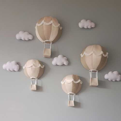 Hot air balloon and cloud wall hanging, cloud nursery decor, neutral hot air balloon decor, neutral cloud wall art, nursery decor,