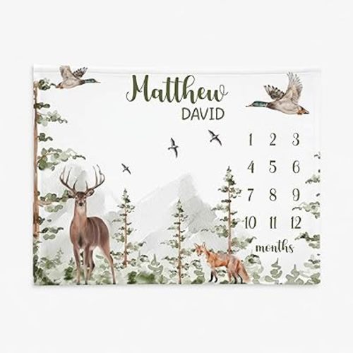 Deer Milestone Blanket, Personalized Baby Boy Month Blankets, Forest Mountain Nursery, Custom Newborn Duck Blanket, New Mom, Super Soft Plush Fleece