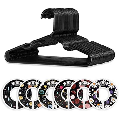 Minnebaby Plastic Baby Hangers, Pack of 20 with 6 Pcs Organizer Dividers, Black