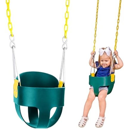 Squirrel Products Original High Back Full Bucket Toddler Swing Seat with Plastic Coated Chains for Safety - Green