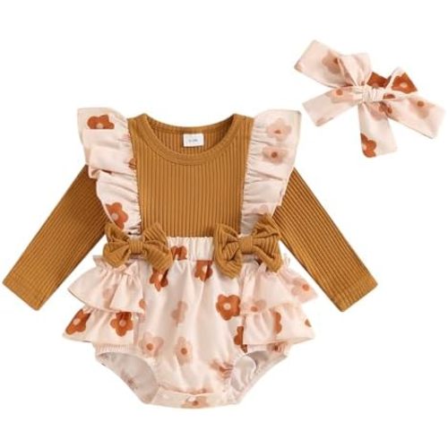 Madjtlqy Newborn Baby Girl Fall Winter Outfit Daisy Romper Dress Ruffles Long Sleeve Clothes Jumpsuit with Bow Headband