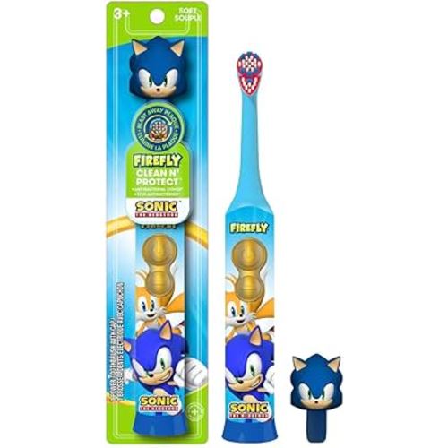 FIREFLY Clean N' Protect, Sonic The Hedgehog Toothbrush with 3D hygienic Cover, Premium Soft Bristles, Anti-Slip Grip Handle, Battery Included, Ages 3+, 3 Piece Set (Pack of 1)