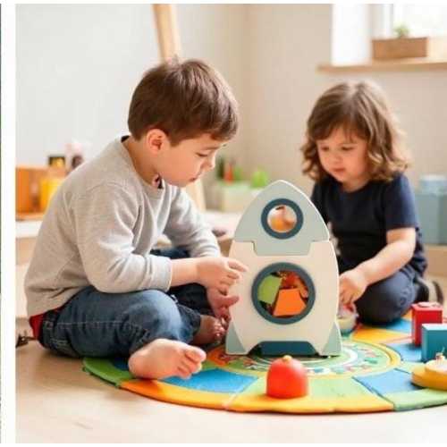 Wooden Montessori Space Rocket Busy Cube - Sensory Activity Toy for Babies and Toddlers | Shape Sorting & Matching Educational Toy Ages 1-3