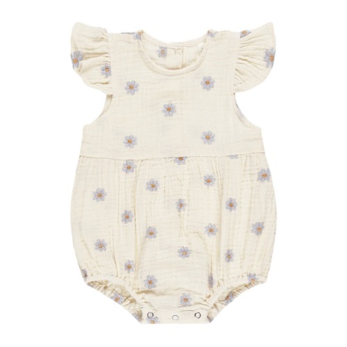 Amelia Daisy Embroidered Organic Cotton Gauze Bubble Romper, 0-3M