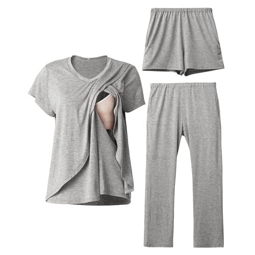 Rnxrbb V Neck Nursing Pajamas Set 3 Pack Postpartum Pjs Breastfeeding Sleepwear for Women Double Layer with Pockets