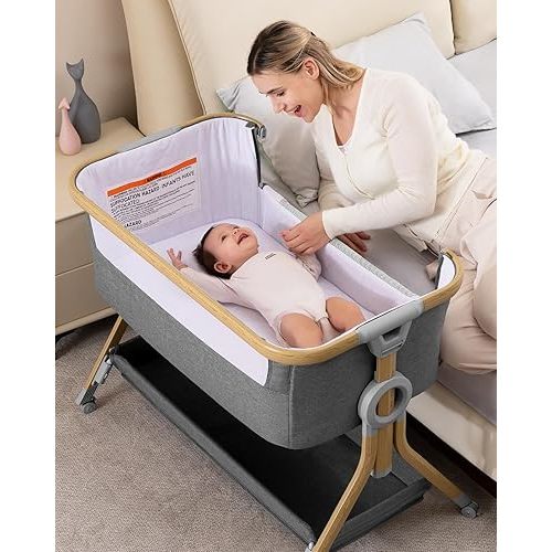 Larex 3 in 1 Baby Bassinet Bedside Sleeper, Breathable Mesh Safe Bedside Bassinet for Baby, Easy Assemble and Folding Portable Crib, 5 Height Adjustable Bedside Crib with Storage Basket, Mattress
