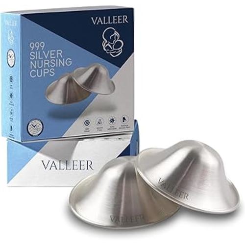 VALLEER® Pure Silver Nursing Cups – 925 Silver Nipple Shields for Breastfeeding – Soothes & Protects Sore or Cracked Nipples – Hypoallergenic & Reusable Nursing Essentials (999 Silver - XL Size)