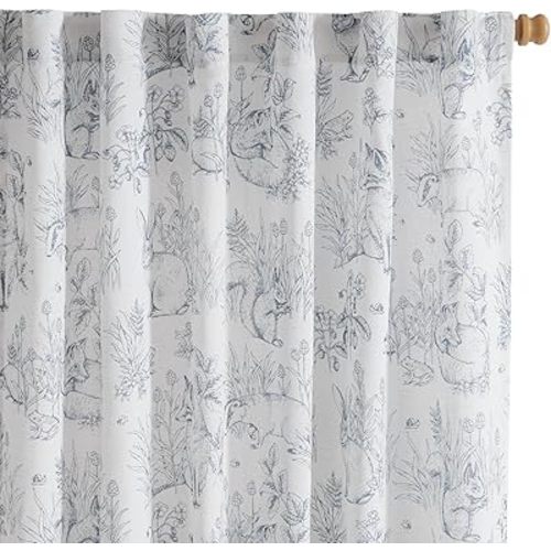 Vangao Easter Blue Nursery Curtains for Kids Room Linen Curtains 84 Inch Long Farmhouse Drapes with Bunny Woodland Wildlife Print Light Filtering French Country Forest Design 2 Panels
