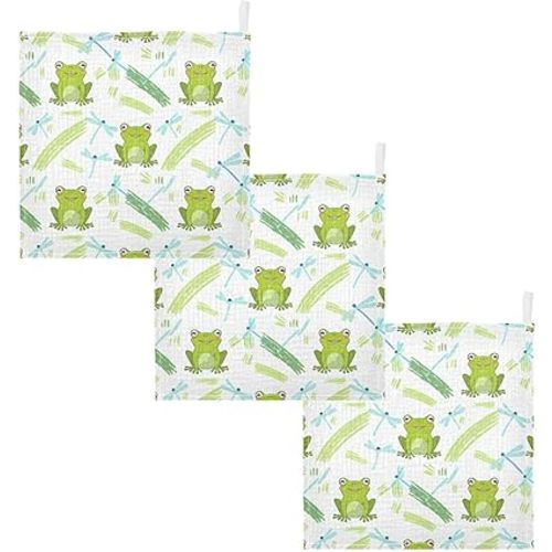 Cute Green Frogs Baby Washcloths 3 Pack Soft Face Towel Absorbent Bath Wash Cloths for Newborn Infants Kids Girls Boys, 12x12in