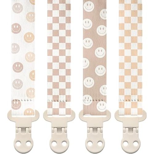 Stadela Baby Pacifier Clip Holder - Girl or Boy Unisex 4 Pack Gift Set - Retro Checker and Smiley Faces Design