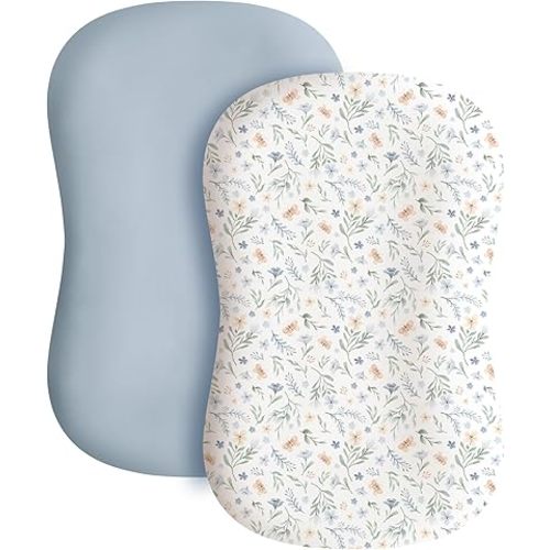 Konssy 2 Pack Baby Lounger Cover, Stretchy and Soft Newborn Lounger Cover, Infant Lounger Slipcover for Boys Girls, Covers Only (Blue Grass, Ice Blue)