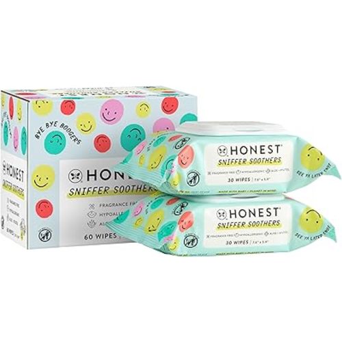 The Honest Company Plant-Based Snot Removing Wipes | Soothing Nose + Face Wipes with Aloe | Hypoallergenic for Sensitive Skin, EWG Verified | Fragrance Free, 60 Count