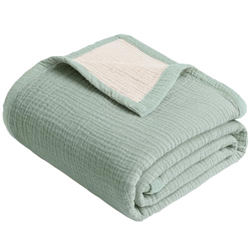 Konssy 100% Cotton Muslin Baby Quilt - Soft, Lightweight Nursery Crib Blanket for Baby Boys and Girls 43"x40" (Green)