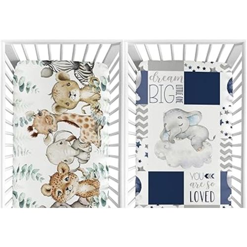 HawSkgFub Safari Jungle African Animals Eucalyptus Leaf + Navy Blue Sleeping Elephant Fitted Standard Crib Sheet for Baby Boys, Toddler Mattress Cover Stretchy Nursery Bed Sheets Decor Gift 52" x 28"