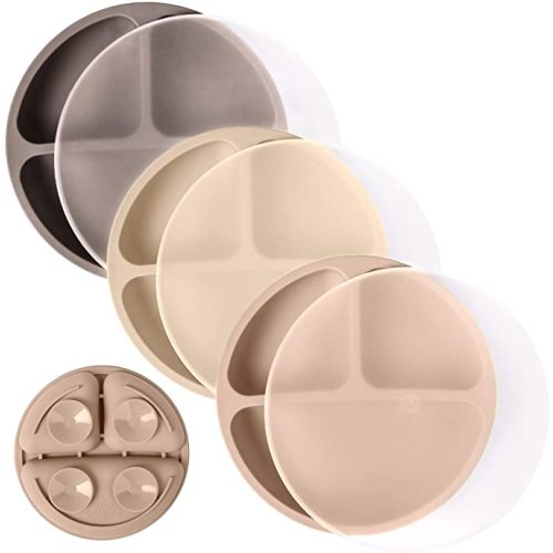 WeeSprout Suction Plates with Lids for Babies & Toddlers - 100% Silicone, Dinnerware Stays Put, Divided Design for Picky Eaters, Microwave & Dishwasher Friendly, 3 Pack - Matte Dark Grey, Off White & Tan - With Lids