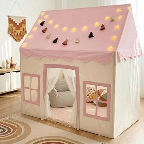 Large Kids Tent with Mat, Star Lights, Tissue Garland, Play Tents for Indoor & Outdoor Use, Kids Play Tent for Girl & Boy Aged 3+, 52" x 35" x 52" Playhouse with Windows, Washable, Pink