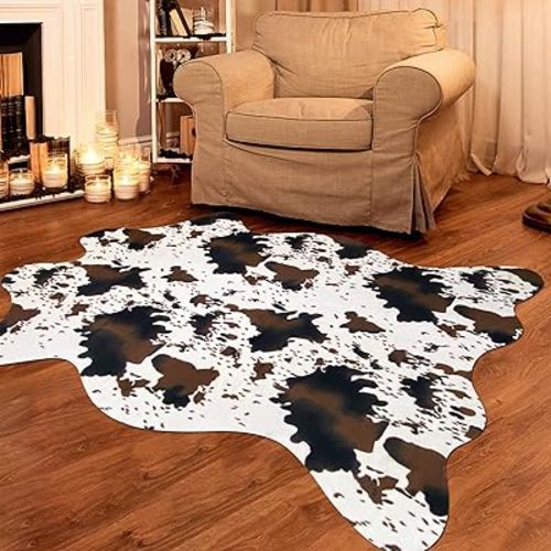 Faux Cowhide Rug Cute Cow Print Rug Cow Rugs for Bedroom Living Room Nursery Western Home Decor Area Rug, Brown and White 4.6 x 5.2 Feet