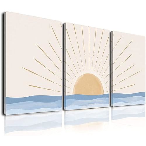 Boho Minimalist Wall Art Set of 3, Framed Canvas Prints - Geometric Line Sunrise Designs, Modern Neutral Wall Art for Living Room, Bedroom, Bathroom, Office, Hotel