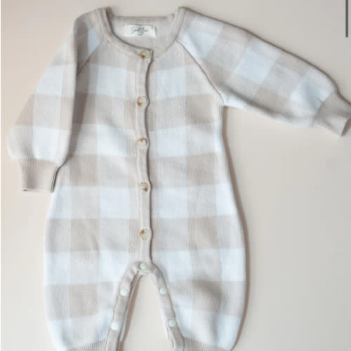 Gingham Knit Jumpsuit in Tan