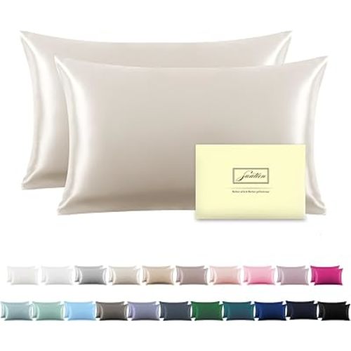 Silk Pillow Cases 2 Pack Soft Breathable and Sliky King Size Pillow Cases Set of 2,Natural Mulberry Satin Silk Pillowcase with Hidden Zipper for Hair and Skin (Beige,20"X 36",2pcs)
