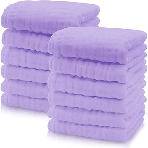 Cute Castle 12 Pack Muslin Baby Washcloths - Large 12'' by 12'' - Ultra Soft 100% Cotton - Super Absorbent Burp Cloths for Unisex, Boy, Girl -Purple