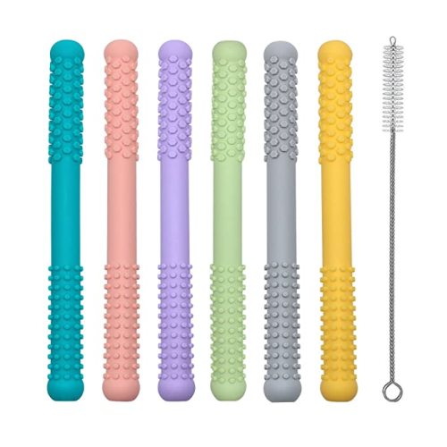 Hollow Teething Tubes Toys for Babies Girls Boys, 5 Pack Silicone Baby Teether Toy Tube for Infants with Nursing Biting Chewing, Chew Straws for Toddlers 6-12 Months (Style B)