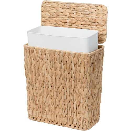 3 Gallon Wicker Trash Can,Small Bathroom Trash Can with Lid,Natural Water Hyacinth Wicker Waste Basket for Bedroom,Toilet,Narrow Garbage Can with Removable Liner