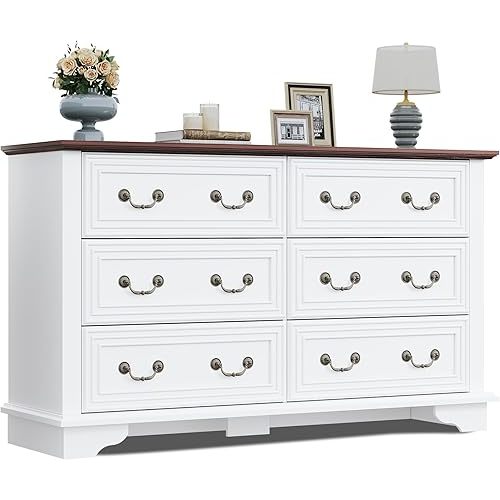 WLIVE Farmhouse Dresser for Bedroom, 51.97'' Wide Wood White Dresser with 6 Drawer, Chest of Drawers with Roman Metal Handle, TV Stand for 60 inch TV, for Living Room, Hallway