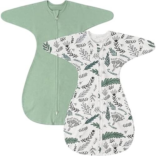 ZIGJOY Shark-Fin Transition Swaddle - 1.0 Tog Baby Sleep Sack Soft Cotton Transitional Swaddle Baby Wearable Blanket with 2-Way Zipper for All Seasons, Green&Leaf, 3-6 Months