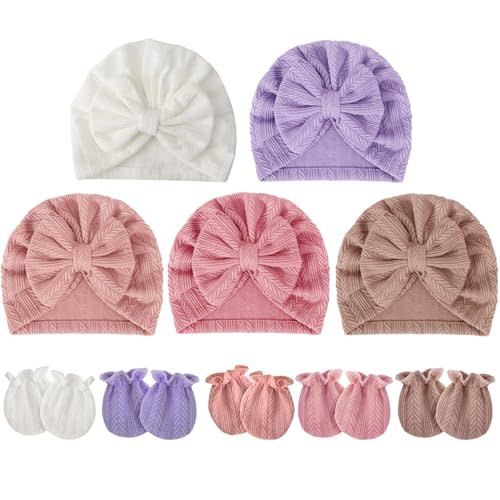 BQUBO Baby Turban Hats and Mittens Set Newborn Infant Hospital Hats Caps with Bows for Baby Boys Girls 0-12 Months