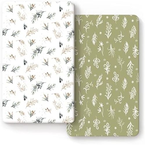 GRSSDER Stretchy Ultra Soft Jersey Knit Fitted Crib Sheets Set 2 Pack, Fits All Standard Crib Mattress Pads Safe and Snug, Stylish Botanical Olive for Baby