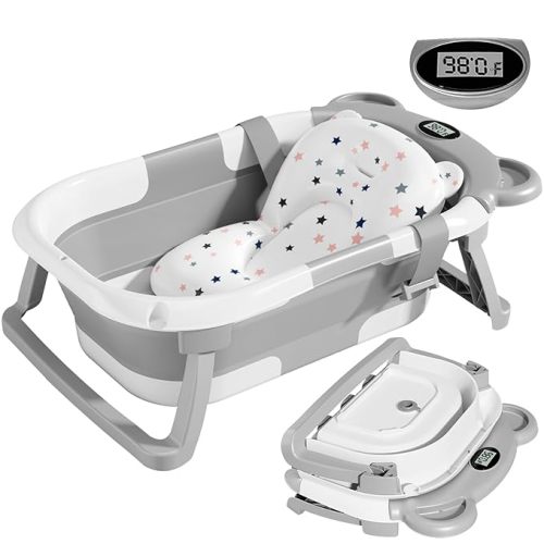 TPN Collapsible Baby Bathtub for Infants to Toddler with Real-time Temp Monitor+Floating Cushion,Foldable Baby Bath Tub Set Applicable 0-36 Month,Perfect Portable Travel Baby Tub for Newborns Boy - Bear Shape - Grey