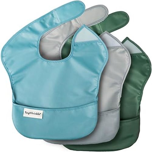 Tiny Twinkle Mess Proof Baby Bibs for Eating - Waterproof, Wipeable Bibs - Toddler Bibs - Travel Friendly - PFAS, PVC, BPA, Phthalate Free - Baby Food Bibs (3 Pack,Slate, Olive)