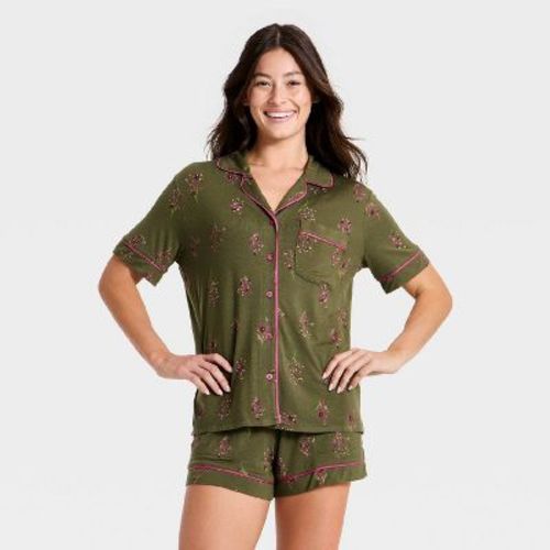Women's Cloud Knit Modal Short Sleeve Notch Collar Top and Shorts Pajama Set - Auden™ Olive Green L