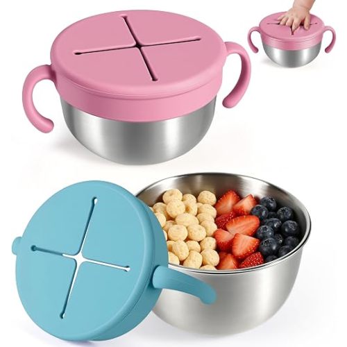 Snack Cups, 2 Pack Stainless Steel Toddler Snack Containers, Spill-Proof Snack Bowls, Silicone Removable Lids & Handles, Food Storage Containers, Dishwasher Safe Snack Container, Baby Shower Gifts