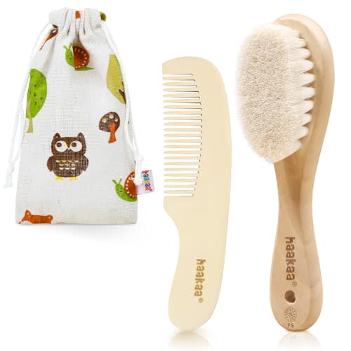 haakaa Baby Hair Brush and Comb Set for Newborns & Toddlers - Natural Soft Goat Bristles and Wooden Handle, Gently Grooms Baby's Hair, Ideal for Cradle Cap, Perfect Baby Gift, 2pk