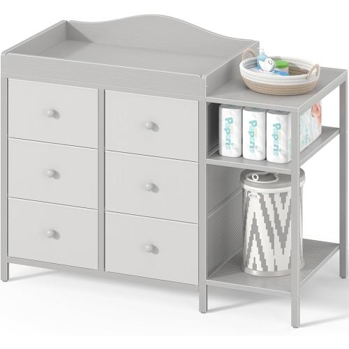 BOLUO Baby Dresser with Changing Table Top, Gray Changing Table Dresser with 6 Fabric Drawers Diaper Changing Station with Storage Shelf for Nursery Modern