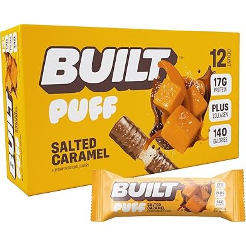 Built Bar, Puff Protein Bars, Salted Caramel Puff, 17g Protein Snacks, On-The-Go Bars, Only 140 Calories, 6g Sugar, Collagen, Gluten Free, 12 Count