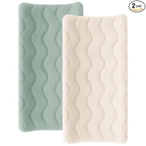Konssy Waterproof Muslin Changing Pad Cover 2 Pack, Quilted Cotton Fitted Diaper Chang Table Cover, Soft Changing Pad Sheets for Girls Boys (Green,Cream)