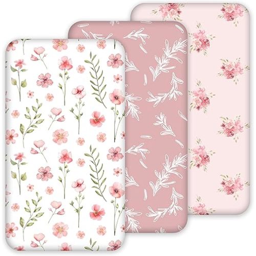 Nap Mat Sheet 47"x24", 3 Pack Pink Floral Baby Crib Sheets Fitted Elastic Corners, Preschool Day Care Rest Mat Cover, Soft Breathable - Compatible with Regalo My Cot, Joovy Travel Cot