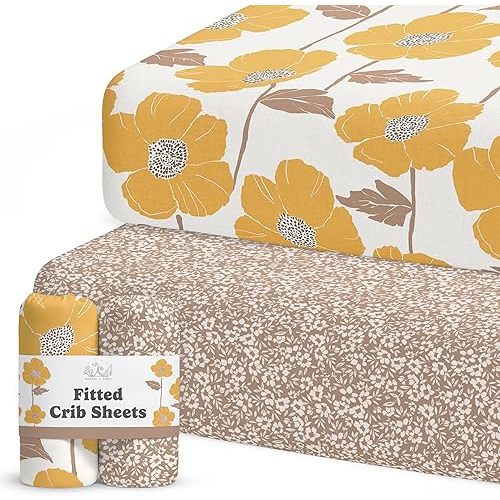 Crib Sheets Neutral - Fitted Baby Crib Sheets Bed for Girl Boy - 2 Pack Standard & Toddler Mattress (Poppy Fields) - Buttery Soft Organic Cotton Blend