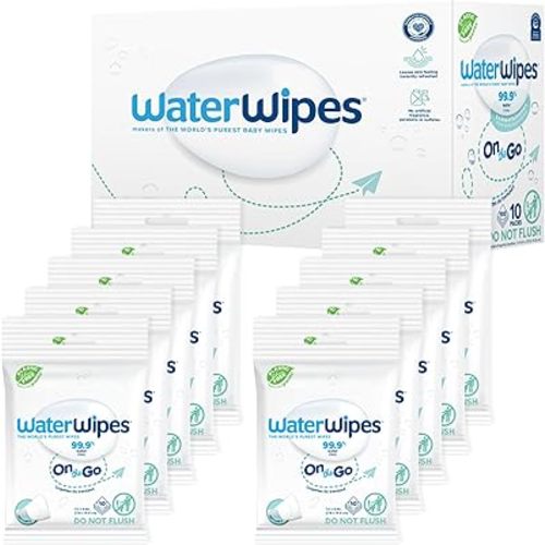 WaterWipes On The Go Wipes, 99.9% Water-Based Wipes for Travel, Sports, and to Refresh Skin, Unscented & Hypoallergenic, 100 Count (10 Packs), Packaging May Vary