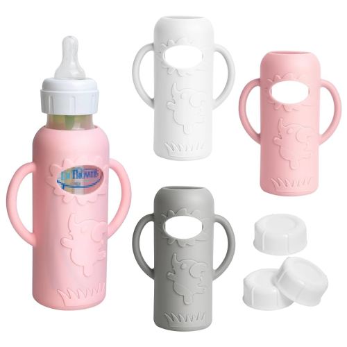 3 Pack Silicone Sleeves for Dr Brown Natural Glass Baby Bottles, Food Grade Anti Breakage Baby Bottle Holder with Handles and 3pcs Travel Bottle Caps (White+Pink+Grey, 8oz)